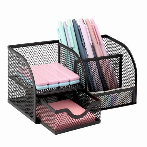 SUPERWSLING Mini organizer da scrivania nero, con cassetto, 4 raccoglitori verticali, portapenne con 1 scompartimento, organizer, porta riviste, scomparti impilabili