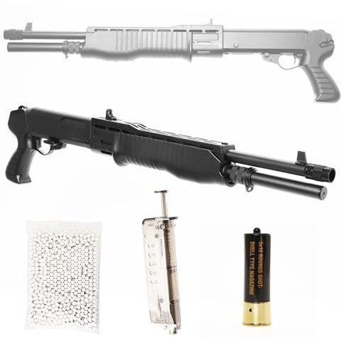 Fucile Softair a Pompa con Caricatore Estraibile, 1000 Pallini da 6mm, potenza 0,9Joule, spara 3 pallini per volta, Perfetto per Iniziative di Softair, Nero, 65x17 cm (Bundle fucile)