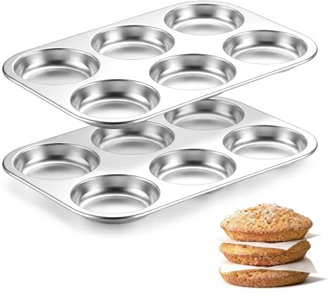 Homikit Muffin Trays Pack of 2, Stainless Steel 6-Cup Muffin Tin Mince Pie Baking Tray, for Shallow Buns, Jam Tarts, Yorkshire Pudding, Mini Cakes, Non-Toxic & Sturdy, Dishwasher Safe