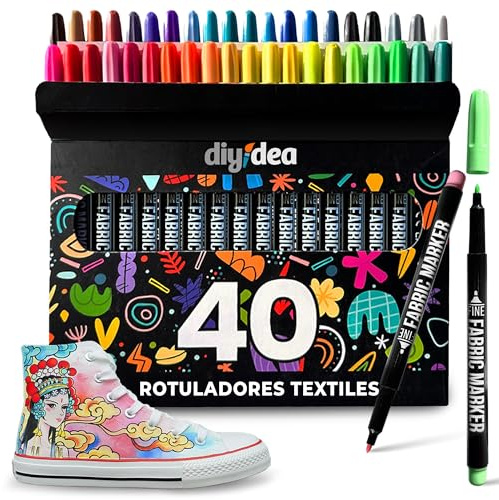DIYIDEA Pennarelli per Tessuti 40 Colori Permanenti – Resistenti al Lavaggio e Non Tossici – Colori Vivaci per Magliette, Borse in Tela, Scarpe e Lavoretti Creativi