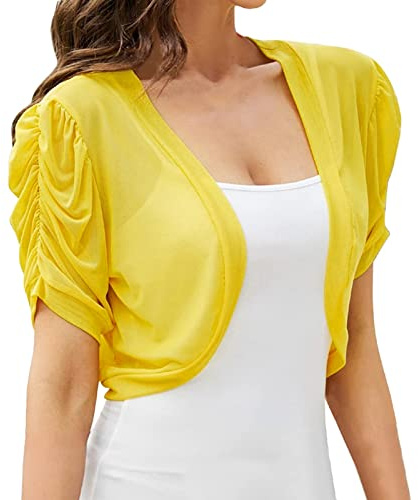 Boléro pour femme - En mousseline de soie transparente - Manches courtes - Tendance - Cardigan d'été - Cardigan chic et festif - Boléro en dentelle - Pour robe de soirée, mariage