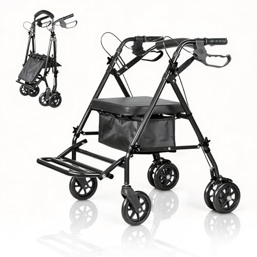 Garvee Déambulateur rollator 2-en-1 pliable et léger pour adultes/seniors – Siège ergonomique, repose-pieds, roues 15 cm, hauteur ajustable, capacité 136 kg, rangement sous-siège, aide mobilité – Noir