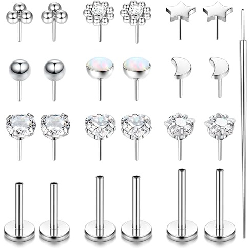 KRFY 16G 18G 20G Piercing Tragus Acier Chirurgical Boucles d'Oreilles Femme Or Argent Push-In Piercings Nez Hypoallergénique Labret Levre Stud Conch Hélix Piercing Oreille