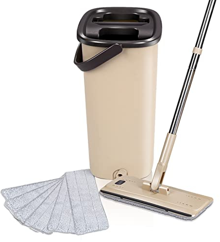 Masthome Mopa Microfibre con Cubo Escurridor, Fregona Plana con 140 cm Mango Largo de Acero Inoxidable, Mopa de Microfibra con 6 Almohadillas Reemplazables, para Lavado de Suelos Secos y Húmedos