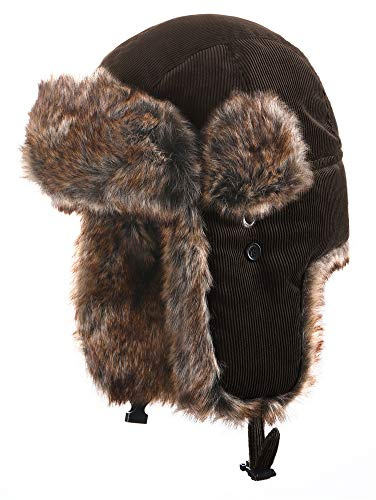 Insun Unisex Cord Fliegermütze Winddicht Trappermütze Warme Kunstfell Russische Mütze Winddicht Dunkelbraun M