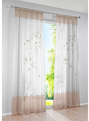 SMITHOOM Set di 2 Tende in Voile Elegante Ricamati a Fiori Trasparenti Tenda per Camera da Letto Soggiorno Bagno Cucina Cachi 140x270cm