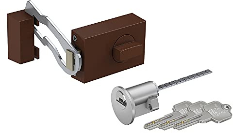 BASI | SET aus Türzusatzschloss mit Sperrbügel und Außenzylinder | Drehknauf | Zylinder mit Wendeschlüssel | massiver Riegel | Zusatzsicherung für Haus- und Wohnungstüren | Dornmaß 70 mm | Eckig