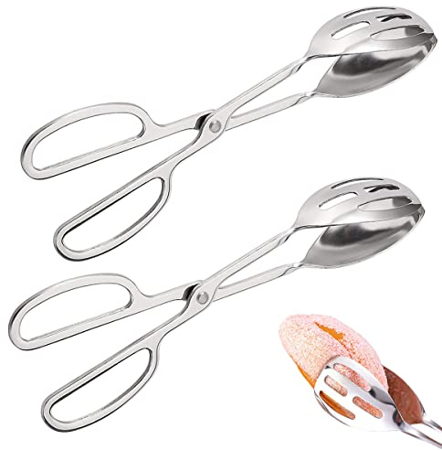 IAXSEE 2 Pieces Buffet Salad Tongs for Kitchen Serving and Cooking, Stainless Steel Food Scissor Tongs, Catering Utensil for Bread Cake Bake Steak Barbecue (Silver)