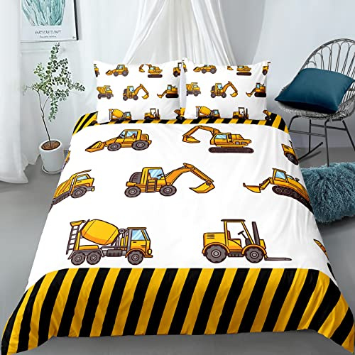 Lunoroey Boys Excavator Duvet Cover Single Bed White Engineering Construction Vehicles Digger Print Kids Bedding Set with Pilowcase Soft Microfiber Quilt Cover Set With Zipper Closure