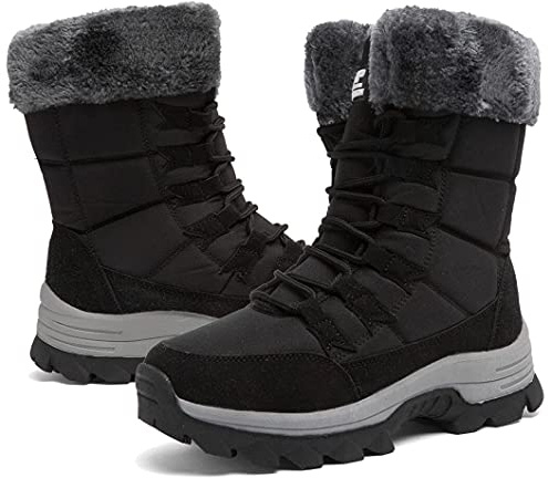 Maxome Snow Boots Womens Winter Boots Fur Lined Waterproof Walking Boots Lightweight Outdoor Ankle Boots Ladies Warm Shoes Anti-Slip Mid Calf Boots Girls Blackgrey