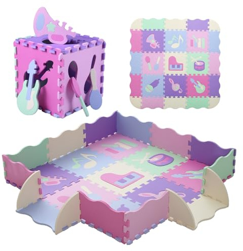 Tamiplay Foam Play Mat for Kids，25Pcs Square Interlocking Puzzle Floor Mat，Baby Play Mat Floor Mat Foam Puzzle Playmat for Toddlers with Fence（Musical Instrument-CSH016