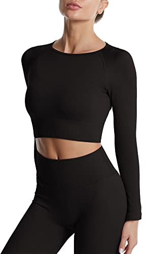 SEAUR Crop Top Sport Femme Fitness Manches Longues Fille Haut de Vêtements de Yoga Haut Slim pour Sport Running Yoga Noir M