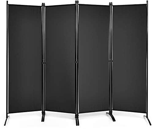 COSTWAY Paravento da Interno in Metallo, Separé Divisorio Interno Pieghevole con Piedini Stabili, Pannelli Divisori per Interni per Casa e Ufficio (Nero, 220 x 173 cm (4 Pannelli))