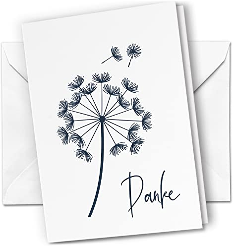 Danksagungskarten Trauer – 10 Klappkarten mit Umschlägen – Motiv: Pusteblume dunkelblau auf Weiß – Trauerkarten Danksagung mit Text – Dankeskarten Trauer nach Beerdigung