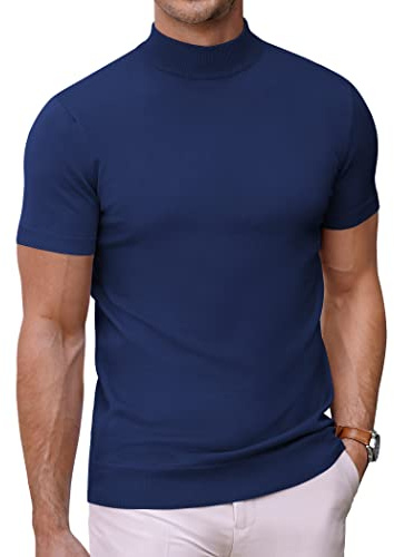 COOFANDY Men's Mock Turtleneck T Shirts Short Sleeve Knitted High Neck Tee for Men Plain Bussiness Tops Navy Blue M