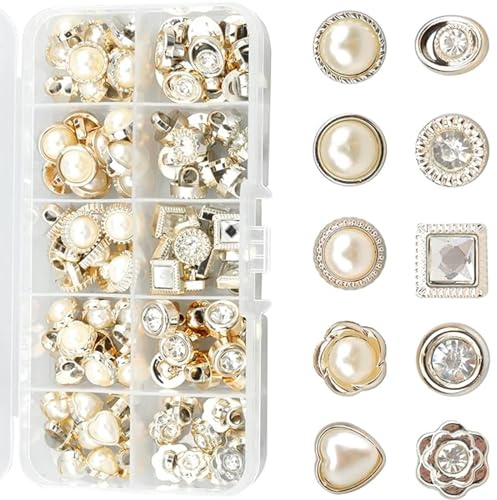 GIONAR 100Pcs Buttons for Sewing, Mixed Packaging Heart Shape/Pearl/Diamante Buttons, Plastic Material, Diameter 9.5-11mm, Perfect for Shirts, Dress, Cardigans