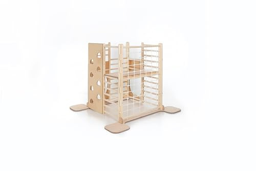 HOMEforDREAMS Torre de escalada cuadrada inspirada en Montessori de madera para cordeles: parque infantil interior plegable con tablas de accesorios (madera natural, con tabla interior)