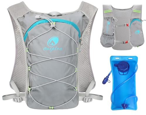 Outplea Chaleco Hidratacion Trail Running Mujer Hombre, Mochila Hidratacion con Bolsa de Agua de 2L, Mochila MTB para Maratón Ciclismo Senderismo, Gris Claro