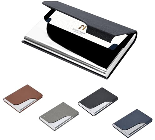 Business Card Holder, Professional PU Leather & Stainless Steel Business Name Card Case Pocket Wallet with Magnetic Closure, Slim Credit Card ID Case/Holder for Men & Women (Black)