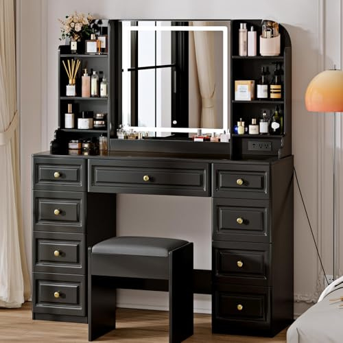 Arulvmrn 43 Makeup Vanity Desk with Mirror and Lights, & Power Outl, Glass Top Big Vanity Table with 9 Drawers& 8 Storage Shelves, Dressing Table Set with Chair for Bedroom, Black