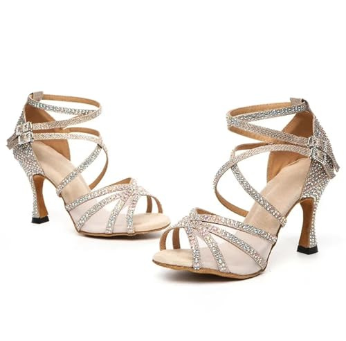 HWJFDC Zapatos De Baile Zapatos de Baile de Salsa Latina for Interiores, Zapatos de salón Latinos con Diamantes de imitación Brillantes Dorados for Mujer(Gold 7.5CM,36)