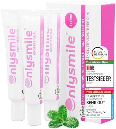 OnlySmile 3er-Pack Bleaching Gel für Weiße Zähne | Testsieger 2024-2025 | 9+ Nuancen in 5 Tagen | Vegan Teeth Whitening Gel für Zahnbleaching | Zähne Bleaching Zuhause | Zahnaufhellung (120ml)