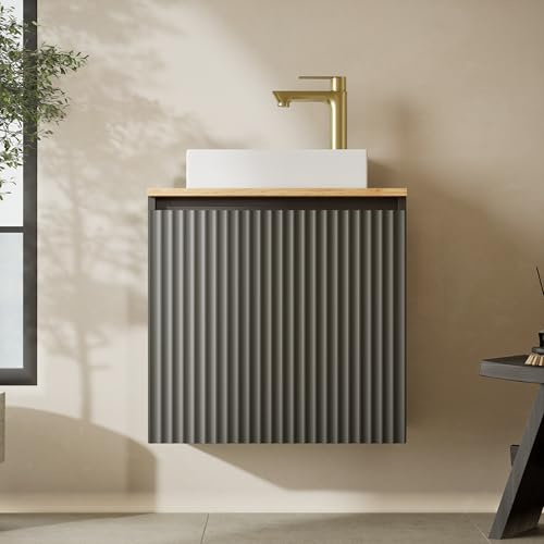 Planetmöbel Conjunto de Muebles de baño Lavabo con Mueble bajo 56 x 55 x 30 cm Antracita, con grifería y Juego de desagüe Dorado Cepillado para baño, Aseo de Invitados y Cuarto de baño
