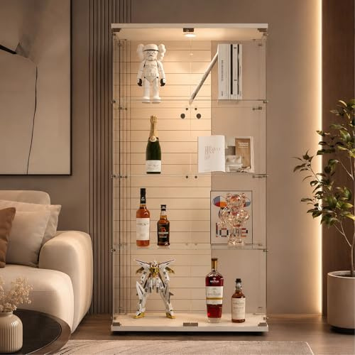 BRILVERDE Vetrina con Ripiani in Vetro, con Luci LED, Doppia Anta con Serratura, Mobile Vetrina per Collezioni, Libri, Vini, Ufficio e Soggiorno (4 Bianco LED, 164 x 80,5 x 36,5 cm)