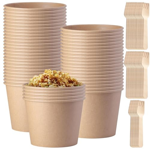 50 vasos para sopa para llevar, 240 ml, tazas de sopa de papel kraft con 50 tenedores, cuencos de cartón marrón, redondos, vasos compostables, vasos de papel para sopa, ensalada, postre, aperitivos