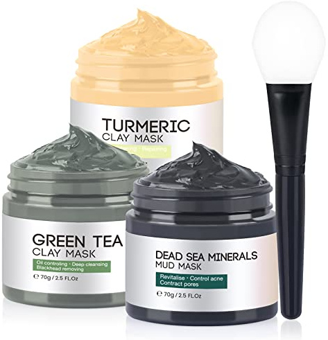 3PCS Clay Face Mask Skincare - Facial Skin Care Mask for Deep Pore Cleansing Turmeric Dead Sea Mud Green Tea Purifying and Hydrating - Reduce Acne Blackheads for Women and Men 2.5 OZ each