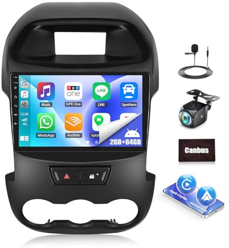 CAMECHO 2+64GB Android 15 Car Stereo for Ford Ranger 2011-2015 with Carplay Android Auto, 9 Inch 2.5D Touch Screen Car Radio with Bluetooth GPS WiFi FM/RDS EQ USB Backup Camera