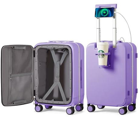 mixi Carry On Luggage with Cup Phone Holder and Charger Hard Shell Suitcases with Spinner Wheels,20 Inch Lilac Purple