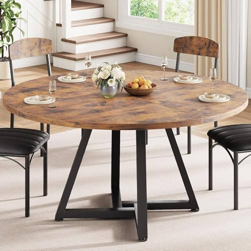 Jocoevol Table à Manger Ronde pour 4 à 6 Personnes, Table de Cuisine avec Piètement Métallique Stable, Table de Salle à Manger Gain de Place Style Industriel (Vintage Marron, 120x120x76cm)