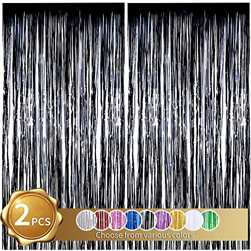 2er Pack Folienfransen Vorhang, Schwarz Lametta Metallic Vorhänge Foto Hintergrund für Hochzeit Verlobung Brautdusche Geburtstag Bachelorette Party Bühnendekor (3,28 ft x 6,56 ft)