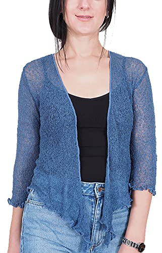Mimosa Dambolero i virkat glitter eller i vanlig stretchspets, fisknät, baliknut i midjan, öppen cardigan, Denim blå, One Size (Stor)