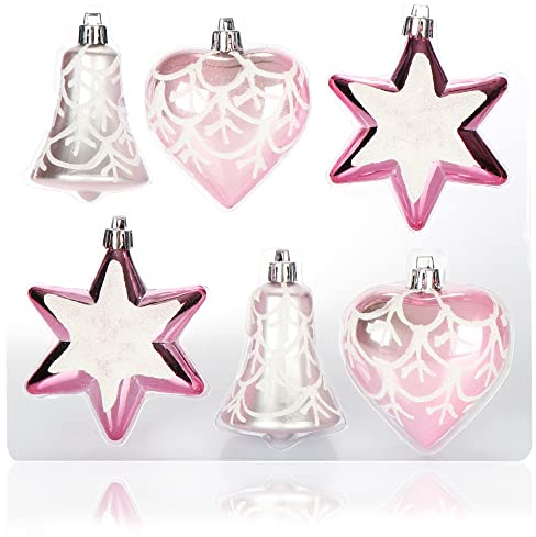 com-four® Set de 6 Piezas Adornos para el Árbol de Navidad - Bolas de Navidad de Diferentes Formas - Campana, Corazón y Estrella para Colgar (Rosa/Plateado)