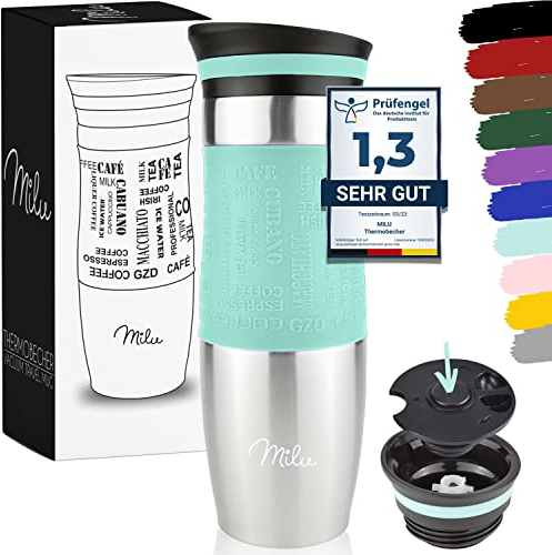 Milu Thermobecher Kaffee to go 370ml, 450ml Isolierbecher Kaffeebecher - 100% Auslaufsicher - Trinkbecher aus Edelstahl - Autobecher doppelwand Isolierung - Travel Mug (Türkis, 450ml)