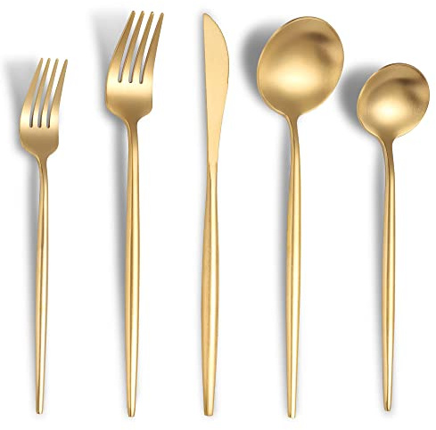 Lemeya Matte Gold Silverware Set for 6,Modern Stainless Steel Brushed Cutlery Set,30-Pieces Heavy Duty Flatware Set,Knives Spoons and Forks Set Utensils Set,Satin Finish,Dishwasher Safe