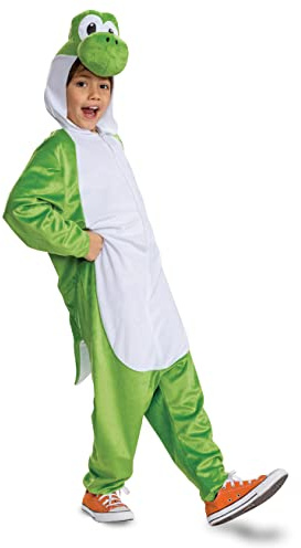 Disguise Yoshi Officiell Super Mario barndräkt med huva, overall med huva, storlek 10–12