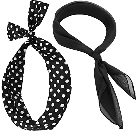 2 Pieces 50's Women Costume Accessories Set Square Chiffon Neck Scarf Polka Dot Style Headband Bandana Tie Retro Costume Fancy Dress for Women Girl Cosplay 50s Party Halloween Supplies ((Black))