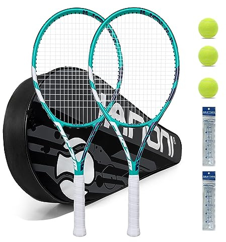 Tennis Rackets for Adults, Pre-Strung 27 Inch Tennis Racquets, Lightweight Tennis Racket Set-2 Player Tennis Racket Set with 3 Balls,2 Grips, 2 Vibration Dampers- Green