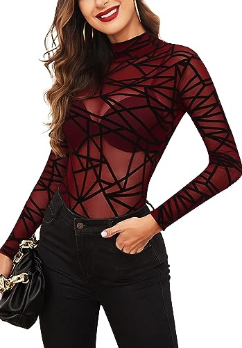 Avidlove Women Mesh Bodysuit Long Sleeve Sheer Lace Tops Sexy Body Leotard | Half Mock Neck,Geo Print T-Shirt,See-through clothing,Crotch Snap,Elastic mesh fabric,Y2k Clubwear,Festival Outfit Party