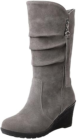 rismart Women Mid Calf Slouch Boot Wedge Heel Thin Fur Lined Suede Leather Winter Shoes Grey,9