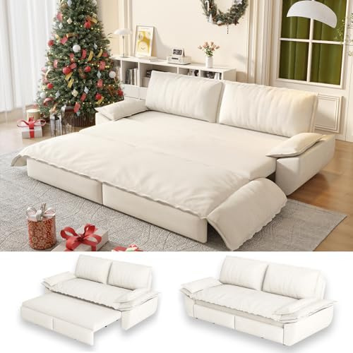 UPYOOE 70.1 Sofa Bed Queen Size, Pull Out Couch Bed, 3-in-1 Convertible Sleeper Sofa with Cushion Armrest, Modern Velvet Futon Couch for Living Room, Small Space, Apartment, Bedroom, Beige