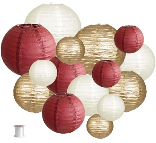 zilue Paper Lanterns Party Decorations, Round Hanging Paper Lanterns Decorations for Graduation Bachelorette Wedding Birthday Party Supplies Maroon/Gold/Ivory 15pcs