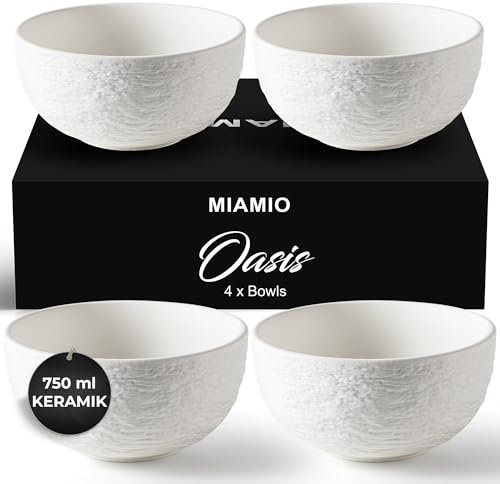 MIAMIO - Juego de 4 Cuencos de 750 ml para Ensalada, Sopa y Cereales - Colección Oasis de Cerámica para Servir