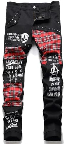 FULUJIDI Jeans Hose Hommes Tartan Patchwork Jeans Punk Rivet Patch Denim Pantalon Lettres Imprimé Slim Straight Pantalon 34 Noir