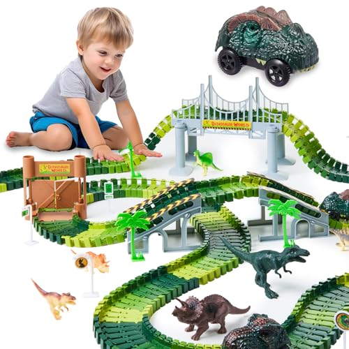 Gleamkid Dinosaurier Spielzeuge Autorennbahn Rennstrecke, Flexible Autorennbahn Bahngleise Spielset, Dino Cars Spielzeug，Autorennbahn Spielset mit viele Teilen,Geschenk für Kinder
