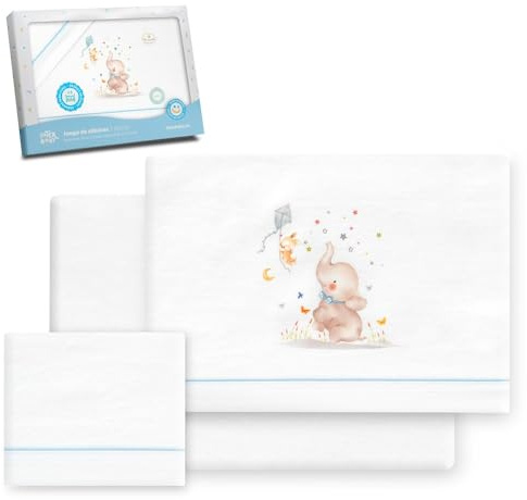 Interbaby Set med lakan spjälsäng 60 x 120% bomull, 100% bomull, flanell, varm, mjuk vagga, inkluderar lakan, bänkskiva och örngott, lämplig för vinter, vit elefant, blå