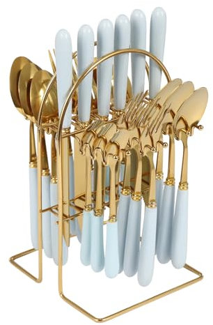 Cutlery Set for 6 People 24 Pieces Stainless Steel Knife and Fork Sets with Knives, Forks, Spoons, Teaspoons and Stand for Family, Restaurants, Kitchens, Restaurants, Hotels, Parties (Gold+ Blue)
